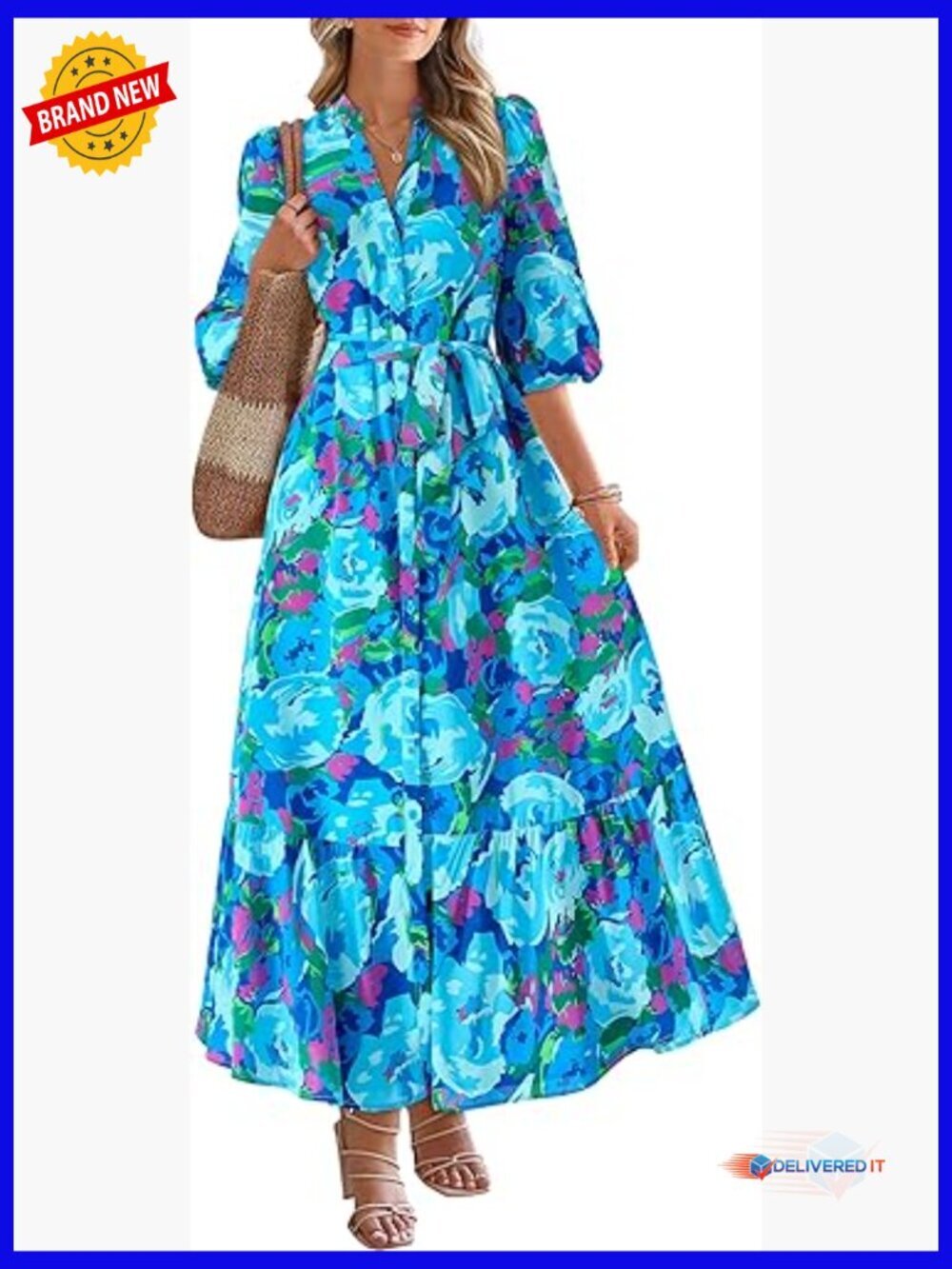 Floral Maxi Dress with Puff Sleeves, Button Front, Tie Waist, Pockets